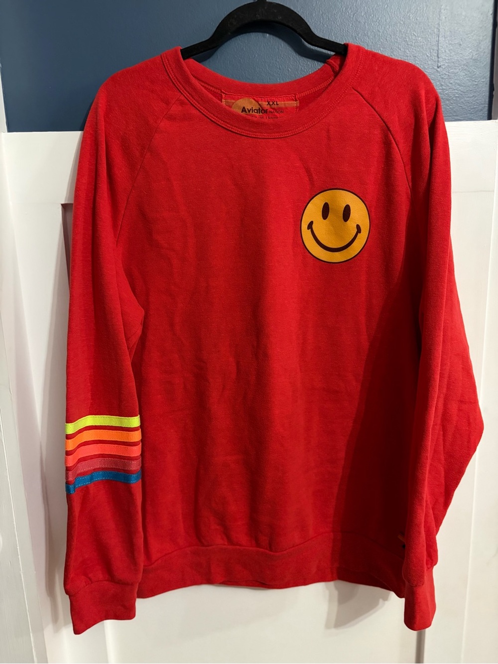 Aviator Nation Unisex Smiley 2 Crewneck Sweatshirt Red Neon Rainbow Size XXL